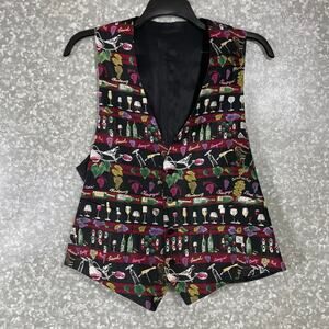 Vintage Unisex Wine Themed Black & Colorful Vest - Size Medium/Large - 1990's